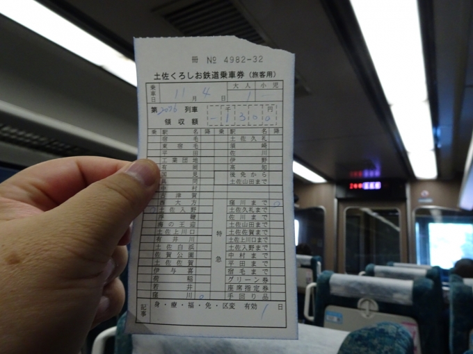 鉄道乗車記録の写真:きっぷ(2)        「土佐くろしお鉄道内　車内補充券
(特急券込み)」
