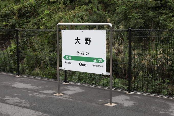 鉄道乗車記録の写真:駅名看板(1)        「大野駅。福島第一原子力発電所から一番近い駅です。」