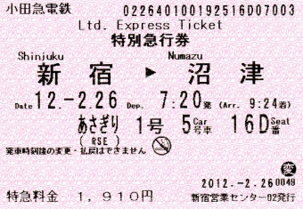 新宿駅から沼津駅の乗車記録(乗りつぶし)写真