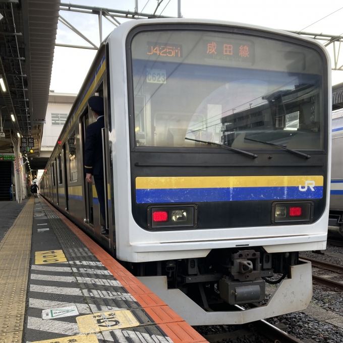鉄道乗車記録の写真:乗車した列車(外観)(3)        「209系千マリC623編成。成田駅5番線。」