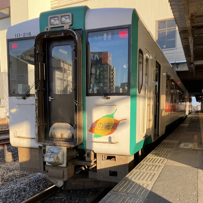 鉄道乗車記録の写真:乗車した列車(外観)(3)        「キハ110系仙ココ216編成。古川駅1番線。」