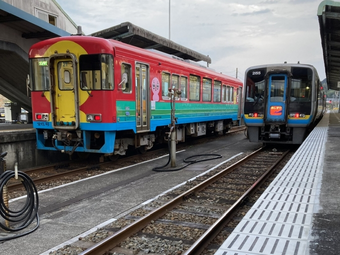 鉄道乗車記録の写真:乗車した列車(外観)(3)        「四コチ2121＋2155。中村駅1番のりば。」