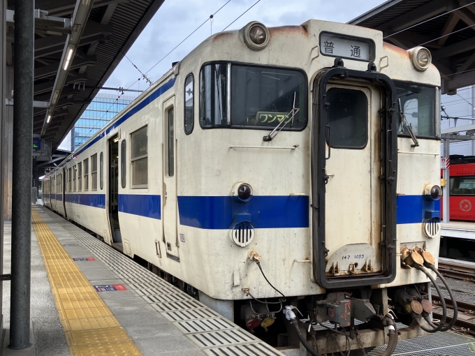 鉄道乗車記録の写真:乗車した列車(外観)(3)        「熊クマ所属キハ147-1055+キハ147-104 。熊本駅5番のりば。」