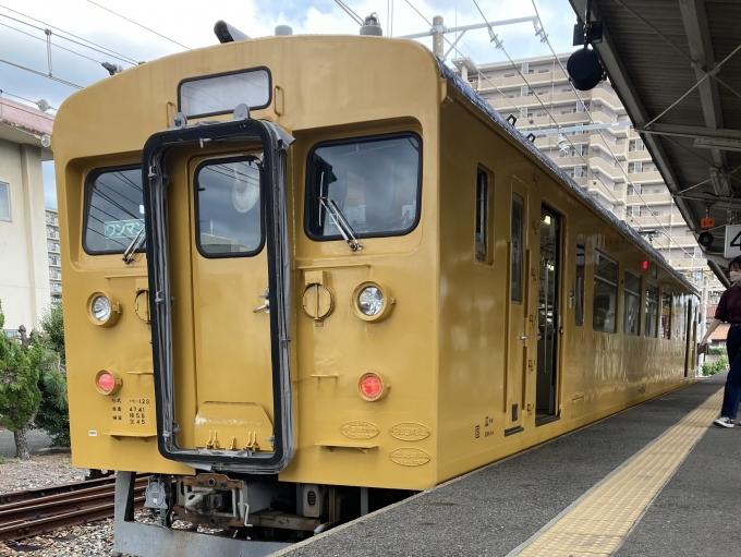 鉄道乗車記録の写真:乗車した列車(外観)(3)        「クモハ123-4。宇部新川駅4番のりば。」