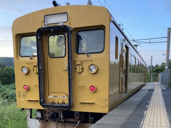 鉄道乗車記録の写真:乗車した列車(外観)(3)        「クモハ123-3。長門本山駅発着番線。」