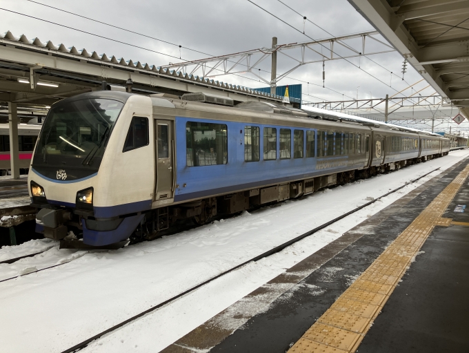 鉄道乗車記録の写真:乗車した列車(外観)(3)        「HB-E300系秋アキ リゾートしらかみ青池1編成。青森駅3番線。」