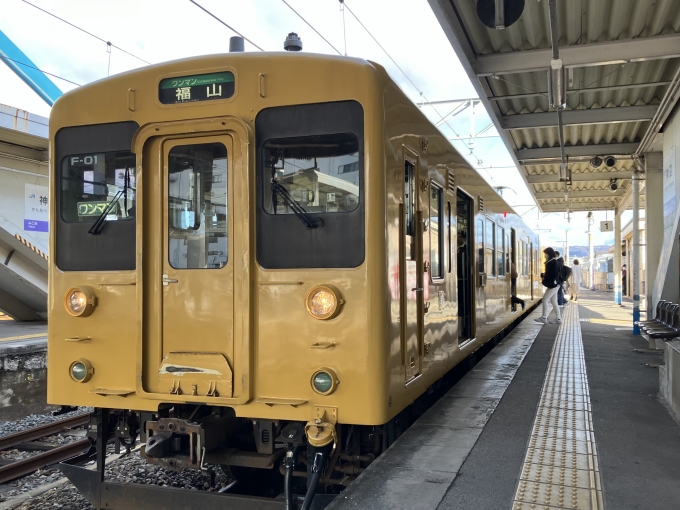 鉄道乗車記録の写真:乗車した列車(外観)(3)        「105系中オカF-01編成。神辺駅1番のりば。」