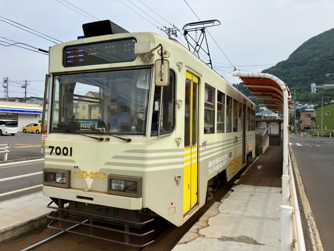 鉄道乗車記録の写真:乗車した列車(外観)(3)        「函館市交通局7000形電車。谷地頭電停乗車専用線。」