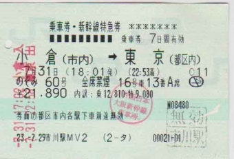 小倉駅から東京駅の乗車記録(乗りつぶし)写真