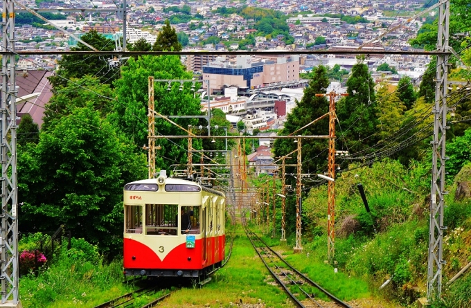 鉄道乗車記録の写真:列車・車両の様子(未乗車)(7)        「接続便を見送って宝山寺駅で少し撮影します。生駒市街を遠望しつつ麓から登ってくる「すずらん」号を１枚。
」