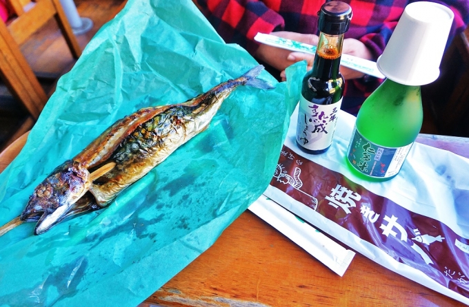 鉄道乗車記録の写真:駅弁・グルメ(29)        「出雲三成駅で買った「焼サバ」と日本酒でトロッコ列車の旅の終わりを楽しみます。」