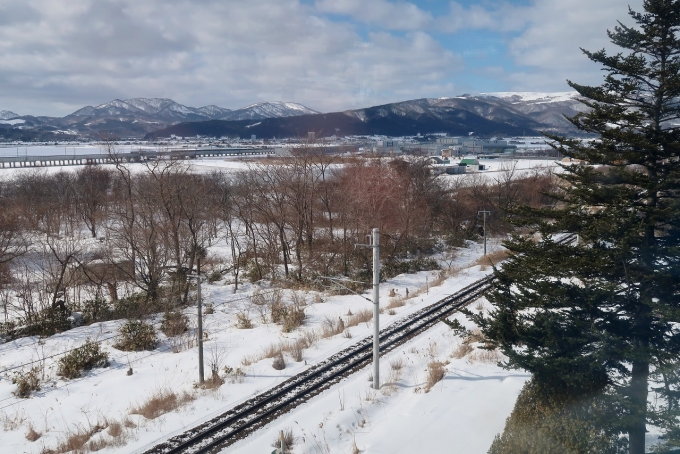 鉄道乗車記録の写真:車窓・風景(9)        「藤城支線からは北海道新幹線の高架橋と函館本線(仁山経由)の線路が見える。」