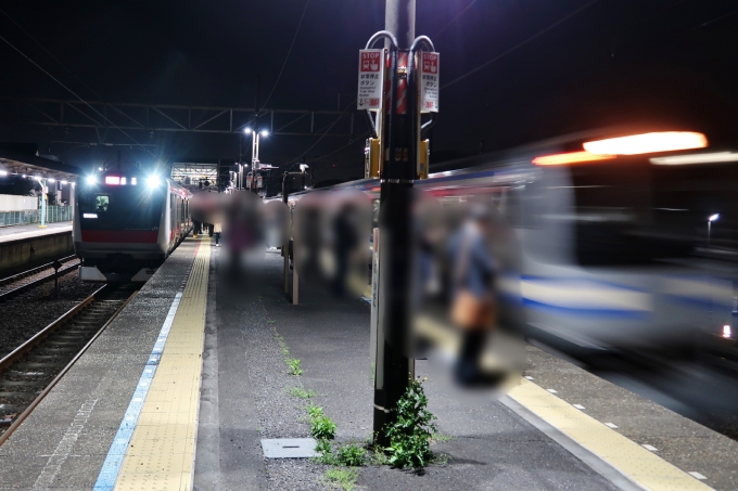 鉄道乗車記録の写真:駅舎・駅施設、様子(5)        「成東行きと勝浦行きは誉田駅で分割する。総武快速線が10分ほど遅れていたため、総武快速線からの電車の待ち合わせも分割と同時に行われた。」