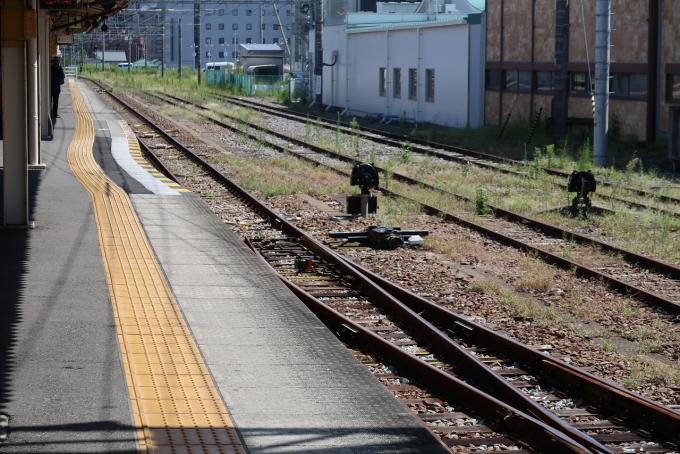 鉄道乗車記録の写真:駅舎・駅施設、様子(1)        「三島駅1番線は駿豆線直通の踊り子号がホームの途中から転線する際、ホームに接触しないようにするために、ホームの一部が削られている。」