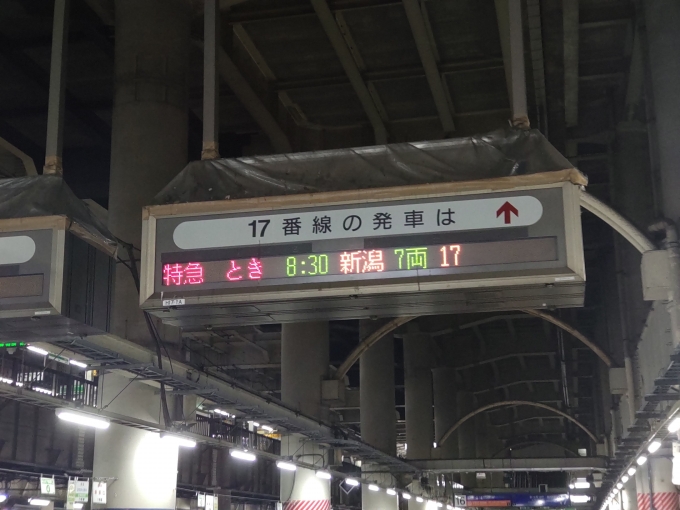 鉄道乗車記録の写真:駅舎・駅施設、様子(1)        「特急ときの発車案内が表示される上野駅17番ホーム」