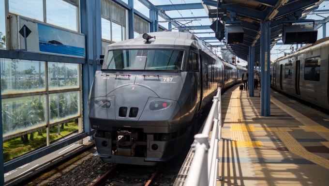 鉄道乗車記録の写真:乗車した列車(外観)(75)        「宮崎空港駅に到着。
5時間49分、日本最長の在来線特急の旅の終点です。」