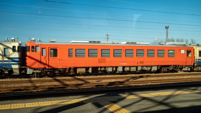 鉄道乗車記録の写真:列車・車両の様子(未乗車)(7)        「東能代駅にはキハ40・48が何両か留置されていました。
まずは五能線色に挟まれたタラコ色のキハ48 544。
この編成は後にTOMIXから模型化されています。」