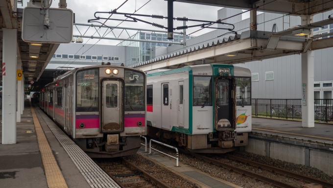 鉄道乗車記録の写真:乗車した列車(外観)(1)          「奥羽本線はここから狭軌になります
隣は陸羽西線のキハ110系」