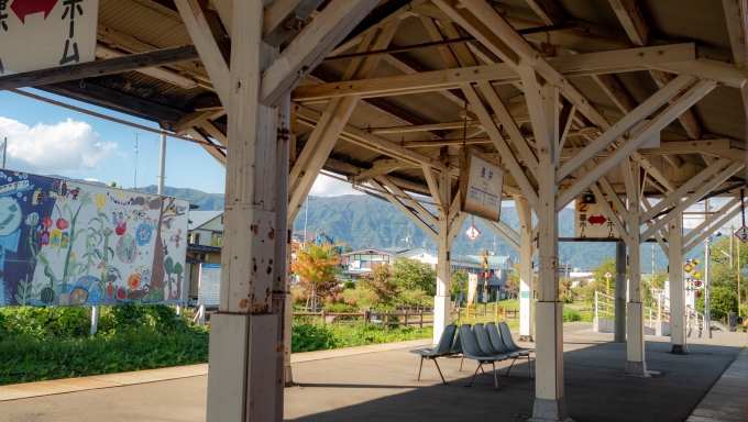 鉄道乗車記録の写真:駅舎・駅施設、様子(2)        「長井駅ホーム
木造の屋根が懐かしい」