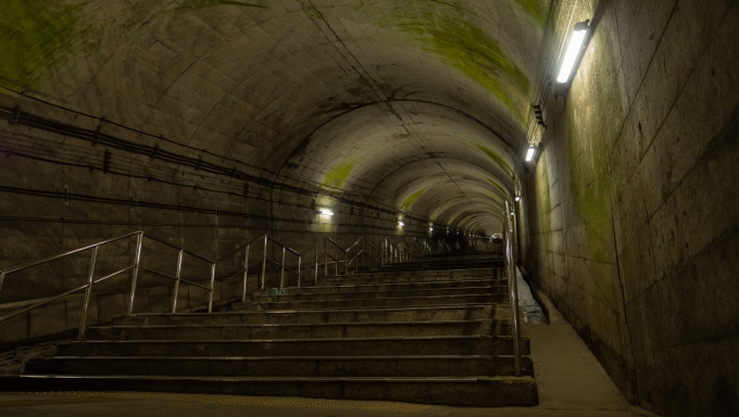 鉄道乗車記録の写真:駅舎・駅施設、様子(6)        「この階段は462段、さらに24段上がって改札口となります。
高低差約70メートル、下り線のみのホームです」