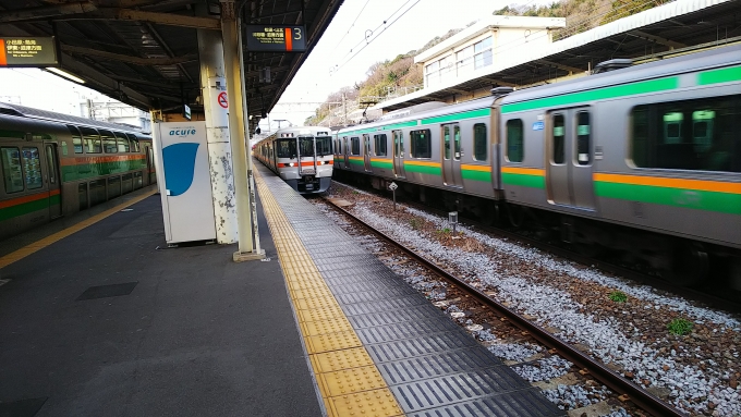 鉄道乗車記録の写真:乗車した列車(外観)(2)        「JR東海313系が入線
JR東海在来線の最東端となります」