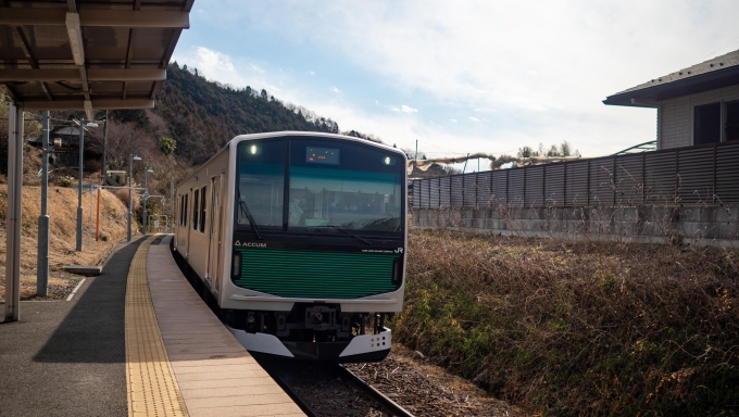 鉄道乗車記録の写真:乗車した列車(外観)(5)        「烏山で急速充電を終えたACCUMが折返してやって来ました
烏山線は非電化なのでパンタを畳んで走行します」