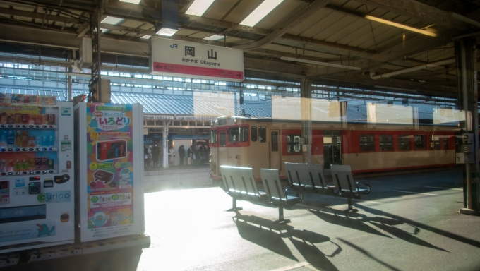 鉄道乗車記録の写真:駅名看板(4)        「隣のホームには津山線の国鉄急行色キハ47。」