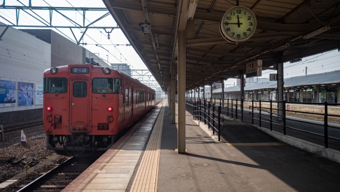 鉄道乗車記録の写真:乗車した列車(外観)(22)        「下関駅に到着。
長くて嵩上げされていないホームが、かつて長大編成を牽いて九州へ向かっていたブルートレイン全盛期の頃を偲ばせます。」