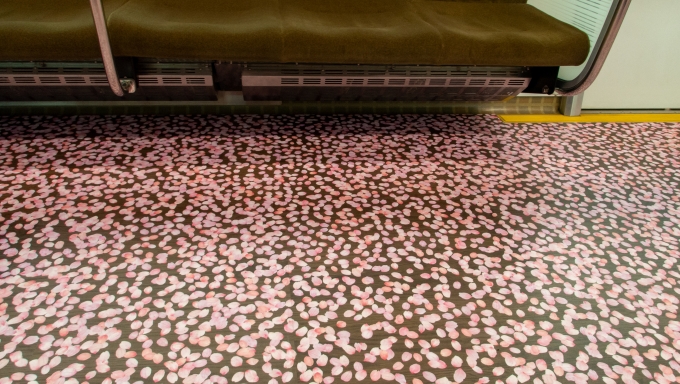 鉄道乗車記録の写真:車内設備、様子(3)        「床一面桜の花のラッピングが。」