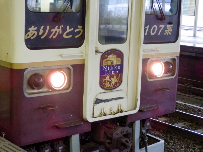 鉄道乗車記録の写真:ヘッドマーク(1)        「「ありがとう」「107系」「Nikko Line」
JR東日本107系電車」