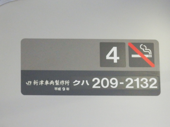 鉄道乗車記録の写真:車両銘板(1)        「クハ209-2132
JR東日本209系電車」