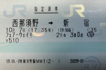西那須野駅から新宿駅の乗車記録(乗りつぶし)写真