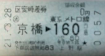 京橋駅から上野駅の乗車記録(乗りつぶし)写真