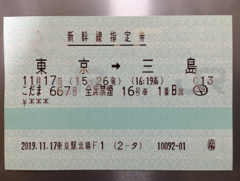 東京駅から三島駅の乗車記録(乗りつぶし)写真