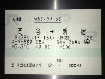 岡谷駅から新宿駅の乗車記録(乗りつぶし)写真