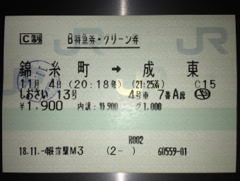 錦糸町駅から成東駅の乗車記録(乗りつぶし)写真