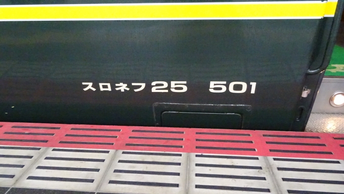鉄道乗車記録の写真:車両銘板(5)        「A個室寝台のスロネフ25が501番なので第１編成です。」