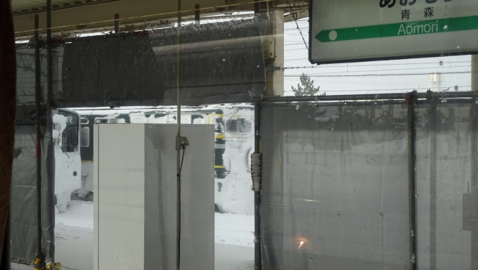 鉄道乗車記録の写真:乗車した列車(外観)(50)        「ホームの向こうに大阪から此所まで吹雪の中を激闘してくれて雪まみれになったEF81 114号機が機回しされて行くのがチラッと見えます。
しかし、このまま札幌に向かうとなると既に６時間以上遅延しているので当然ながら帰りに指定してある〔スーパー北斗〕や〔スーパー白鳥〕と新幹線〔はやぶさ〕には間に合わず、今日中に東京に帰る事は出来なくなる。
一応、仕事仲間に列車遅延の為、この日に帰れないかもしれない、場合によっては翌日も休む可能性もある事を伝えた。渋々同意をもらい、それならば今夜の〔はまなす〕で青森まで帰る事も検討してみる。
貨物列車も多い津軽海峡線の対向列車待ちなのか青森駅でも45分ほど待たされての発車となった。
」