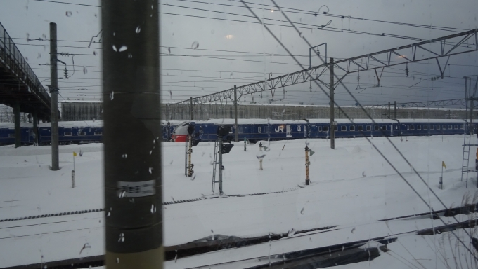 鉄道乗車記録の写真:車窓・風景(53)        「大雪に埋もれてはいるものの、寝台特急〈あけぼの〉用の24系客車や特急〈つがる〉用のE751系電車の姿が見えます。」