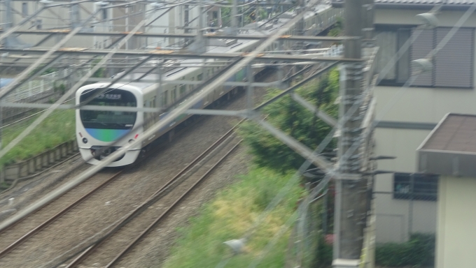 鉄道乗車記録の写真:車窓・風景(7)        「普段はどんな列車も必ず停車する所沢駅も通過です。その直後に新宿線を上る30000系電車と離合。
この辺りの複雑な線路配置をもつ西武ならではのダイナミックな走行シーンですね」