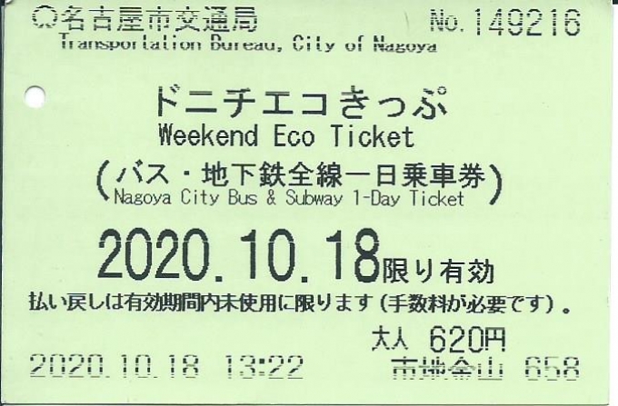 鉄道乗車記録の写真:きっぷ(1)     「ドニチエコきっぷ　620円で　地下鉄3回　バス3回乗りました
」