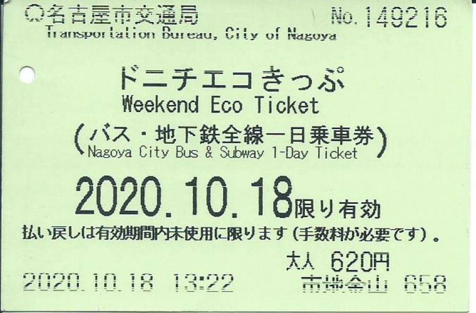 鉄道乗車記録「金山駅から栄駅」きっぷの写真(1) by Shun 撮影日時:2020年10月18日