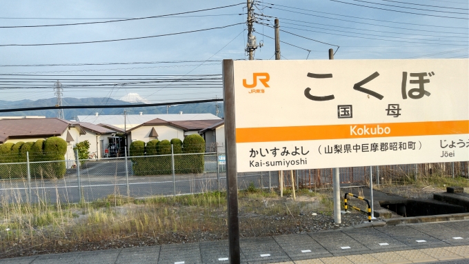 鉄道乗車記録の写真:駅名看板(1)        「国母駅駅名看板プラス富士山」