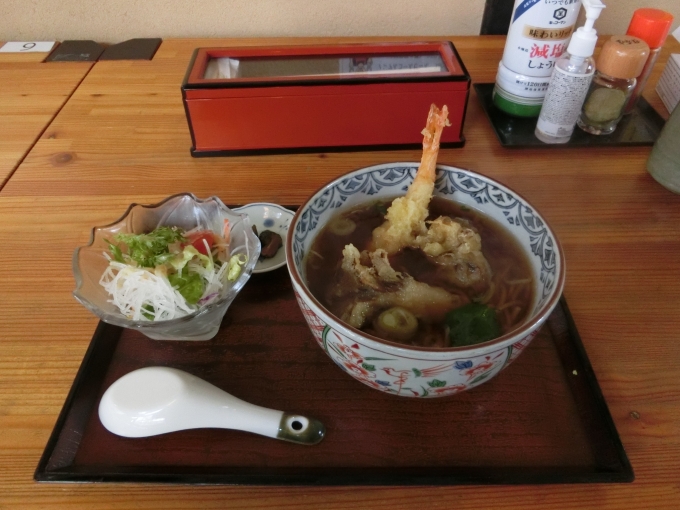 鉄道乗車記録の写真:駅弁・グルメ(3)     「遠野駅から歩いて10分のところにある蕎麦屋さんで天ぷらそば＋サラダを食べました。」