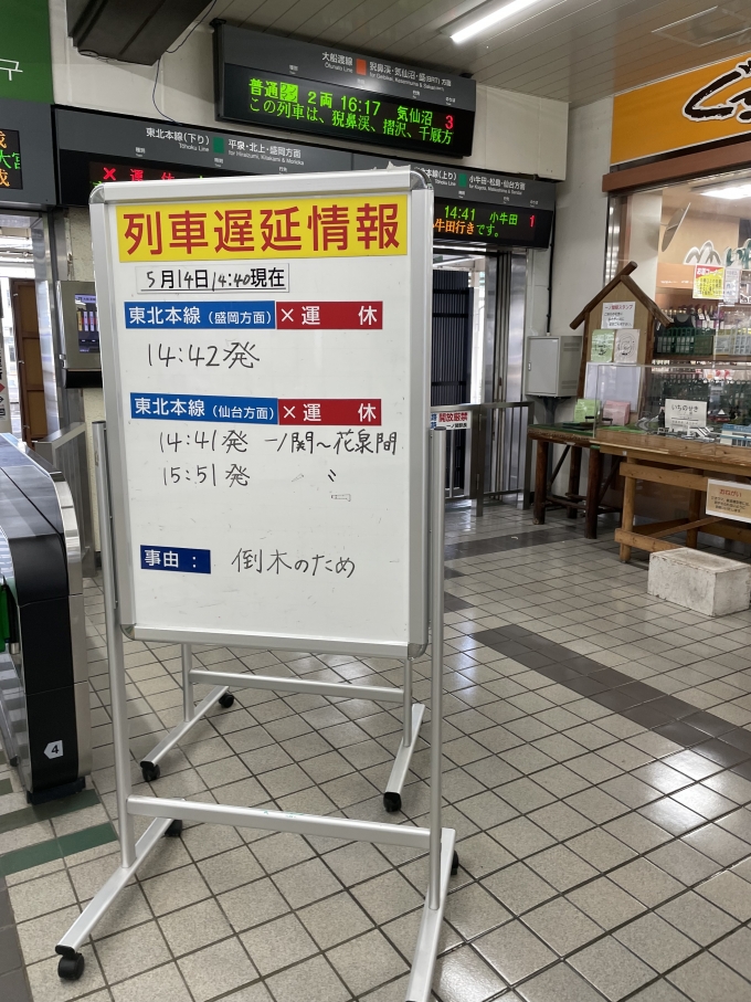 鉄道乗車記録の写真:駅舎・駅施設、様子(1)        「一ノ関駅で列車遅延情報が出ておりました。」