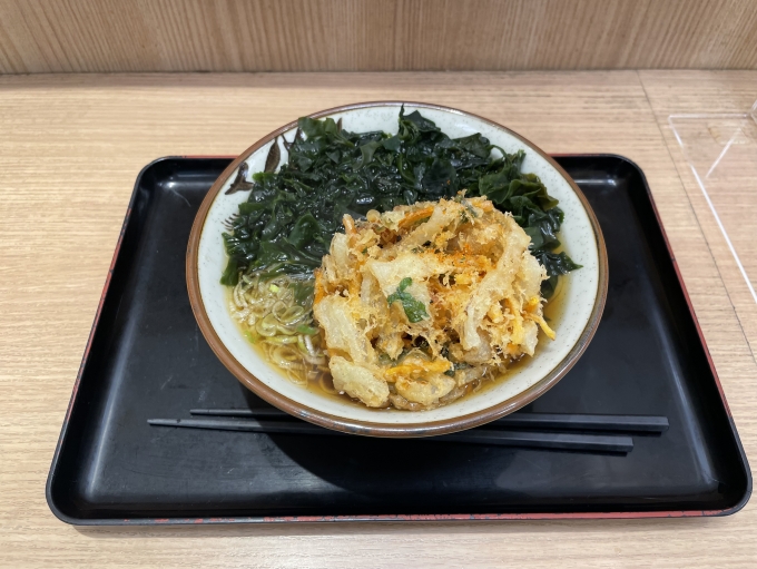 鉄道乗車記録の写真:駅弁・グルメ(1)        「仙台駅の駅そばでかき揚げそば＋わかめを食べました。」