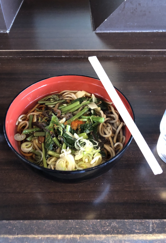 鉄道乗車記録の写真:駅弁・グルメ(12)        「花巻駅の駅そばで山菜そばを食べました。
現在は閉店しています。」