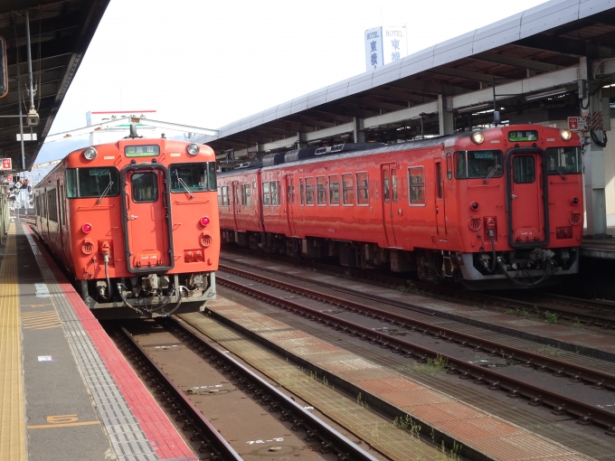 鉄道乗車記録の写真:列車・車両の様子(未乗車)(20)        「何年かしたらこの情景も当たり前ではなくなってしまうんですね~。(右は浜坂からの普通列車、左は倉吉からの普通列車でどちらも鳥取止まりです。)」