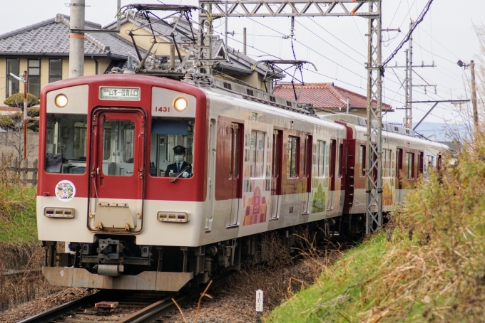 鉄道乗車記録の写真:乗車した列車(外観)(1)          「信貴山口に到着する｢高安まなびやま｣装飾編成です。」