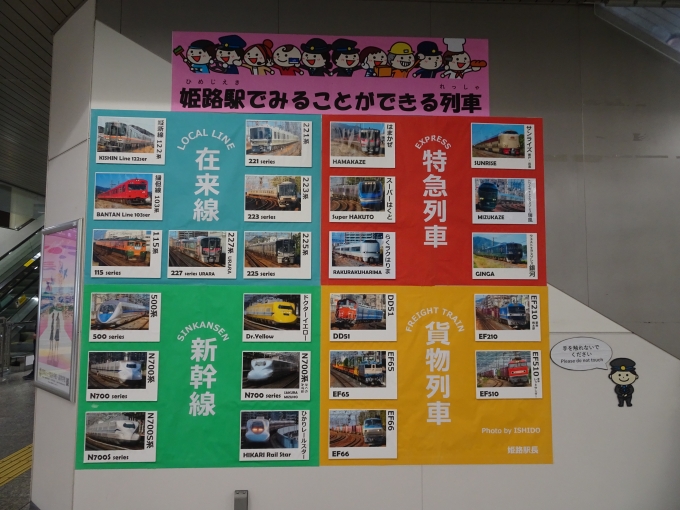 鉄道乗車記録の写真:旅の思い出(7)        「乗車する｢スーパーはくと｣が来るまで時間があったので、コンコースをぶらぶらしていたら、姫路駅で見ることができる列車の写真を見つけました。」